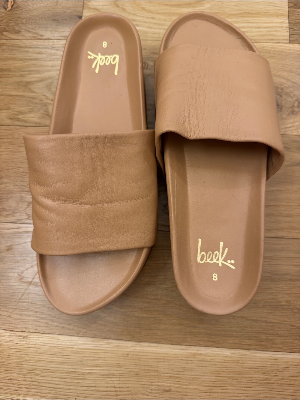 beek Tan Leather Slide Sandals for Women